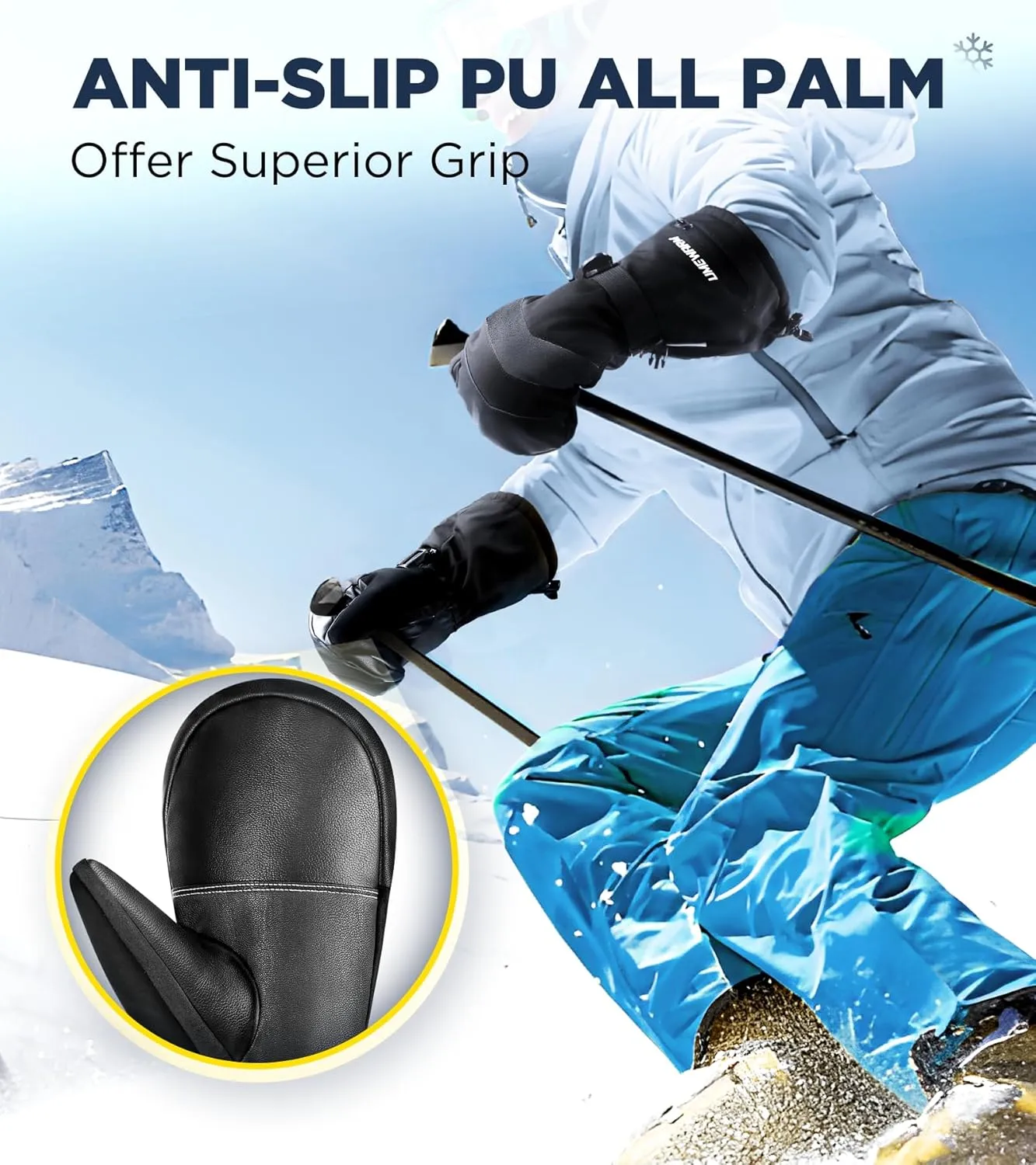 -10°F Winter Ski Mittens for Men & Women Made with 3M C100 Insulation, Double Waterproof Winter Ski Gloves, 2X Warmer Snowboard Mittens with 5-Layer Fabric