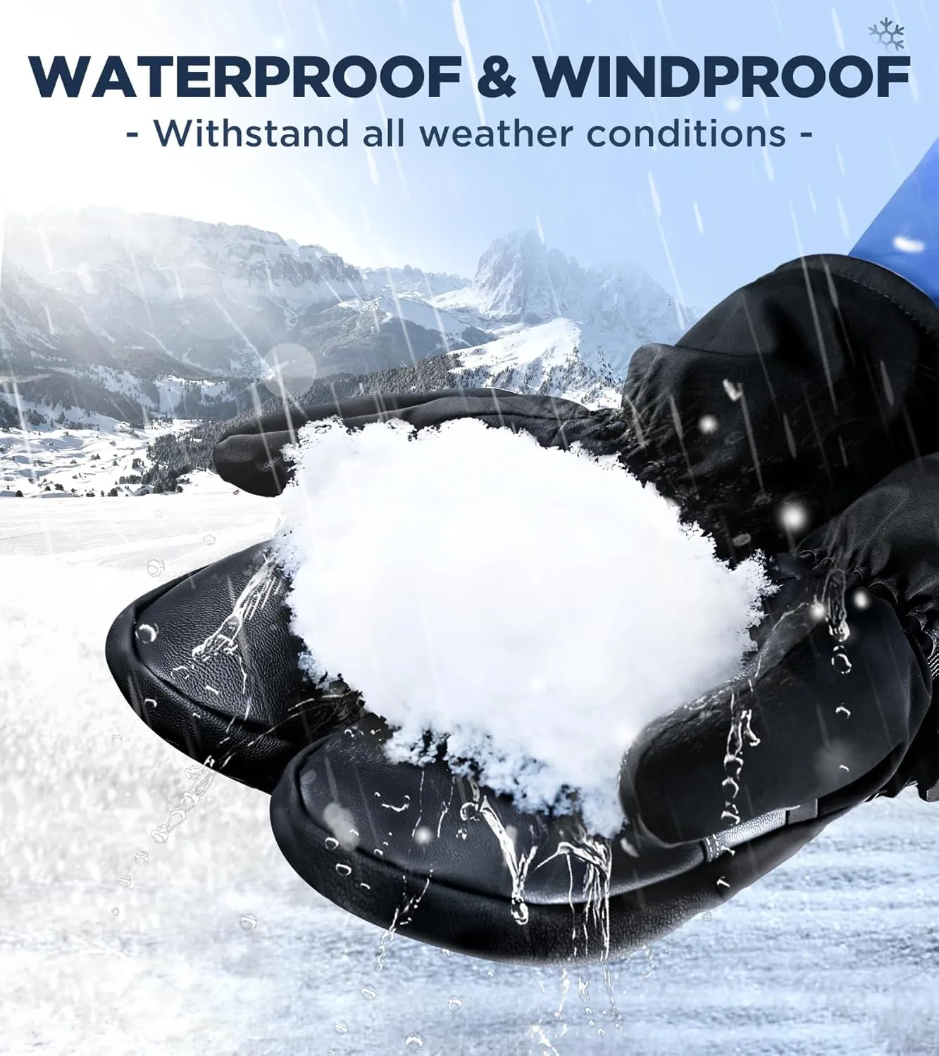 -10°F Winter Ski Mittens for Men & Women Made with 3M C100 Insulation, Double Waterproof Winter Ski Gloves, 2X Warmer Snowboard Mittens with 5-Layer Fabric