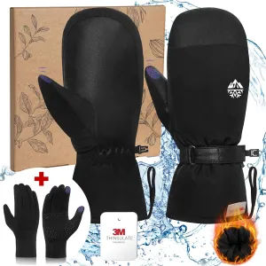 2 in 1 Waterproof Ski Mittens with Glove Liners, Winter Snow Gloves 3M Thinsulate Anti-Slip PU Palm Ski Gloves, Windproof Snowboard Mittens with Touchscreen Inner Gloves for All Snowsports, Small