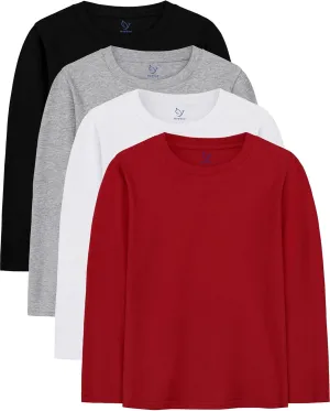 4 Pack Boys Long Sleeve Shirts Soft Cotton Basic Tees Youth Boys Long Sleeve T-Shirts Layering Shirts Tagless