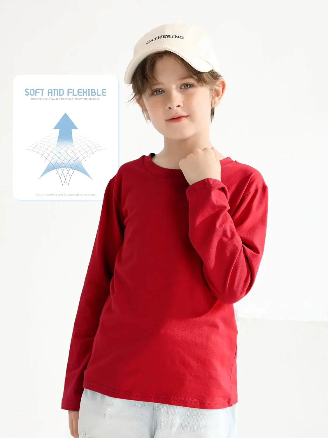 4 Pack Boys Long Sleeve Shirts Soft Cotton Basic Tees Youth Boys Long Sleeve T-Shirts Layering Shirts Tagless