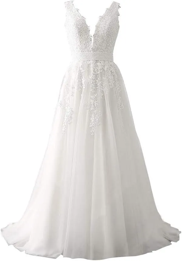 Abaowedding Women's Wedding Dress for Bride Lace Applique Evening Dress V Neck Straps Ball Gowns
