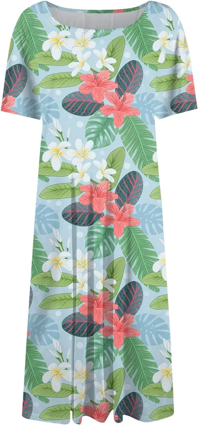 ADHOWBEW Sun Dresses Women Short Sleeve Sexy Loose Fit Cute Hawaiian O Neck Tropical Trendy Beach Casual Dresses