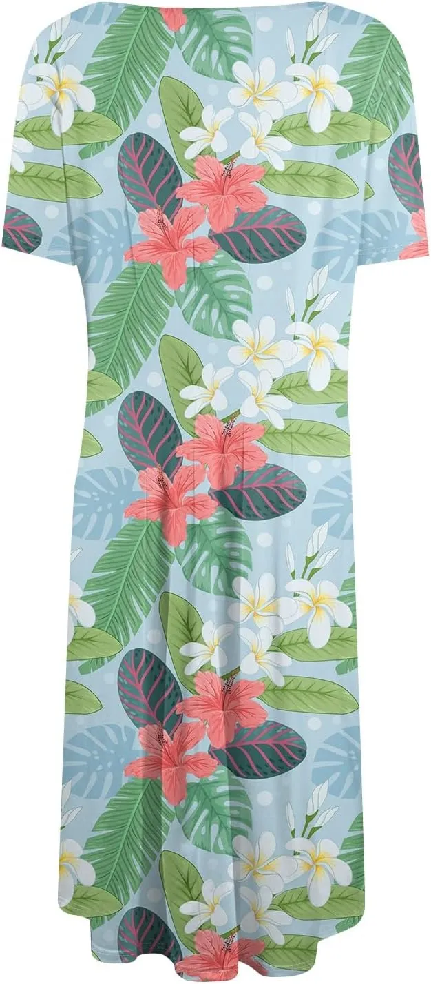 ADHOWBEW Sun Dresses Women Short Sleeve Sexy Loose Fit Cute Hawaiian O Neck Tropical Trendy Beach Casual Dresses