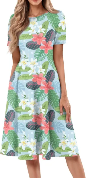 ADHOWBEW Sun Dresses Women Short Sleeve Sexy Loose Fit Cute Hawaiian O Neck Tropical Trendy Beach Casual Dresses