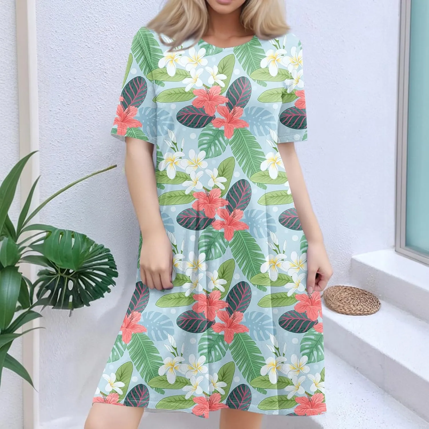 ADHOWBEW Sun Dresses Women Short Sleeve Sexy Loose Fit Cute Hawaiian O Neck Tropical Trendy Beach Casual Dresses