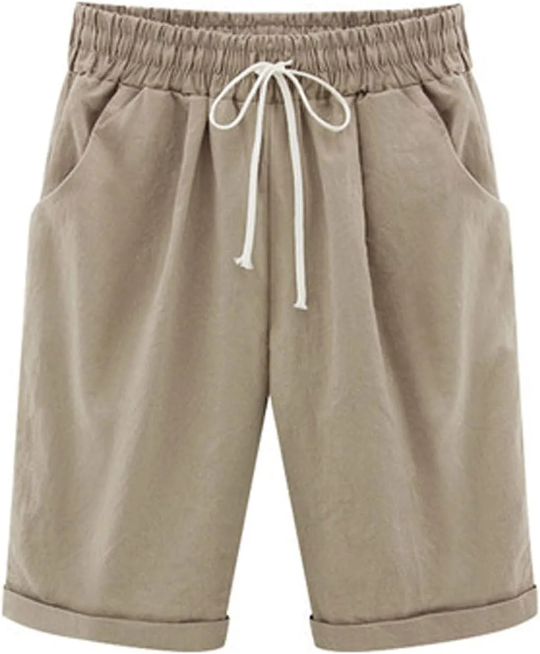 aihihe Womens Summer Linen Shorts Loose Fit Elastic Waist Bermuda Shorts Plus Size Knee Length Casual Beach Shorts