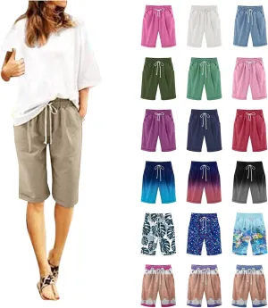 aihihe Womens Summer Linen Shorts Loose Fit Elastic Waist Bermuda Shorts Plus Size Knee Length Casual Beach Shorts