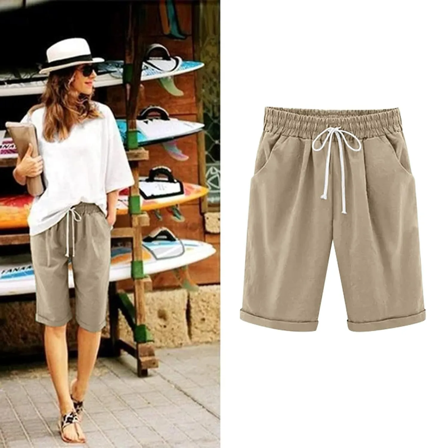 aihihe Womens Summer Linen Shorts Loose Fit Elastic Waist Bermuda Shorts Plus Size Knee Length Casual Beach Shorts
