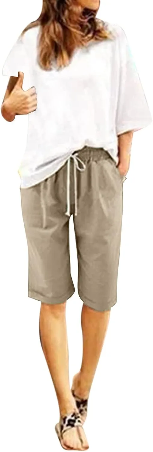 aihihe Womens Summer Linen Shorts Loose Fit Elastic Waist Bermuda Shorts Plus Size Knee Length Casual Beach Shorts