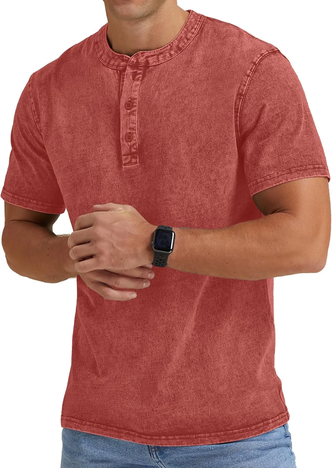 Aimeilgot Mens Distressed Henley Shirts Casual Washed T-Shirts Retro Short Sleeve Tee Cotton Shirts