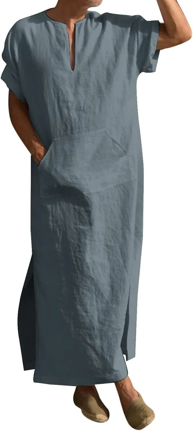 Alalaso Men's Muslim Kaftan Clothes Saudi Arabic Middle East Islamic Long Gown Dress Breathable Clothing Ramadan Jubbah