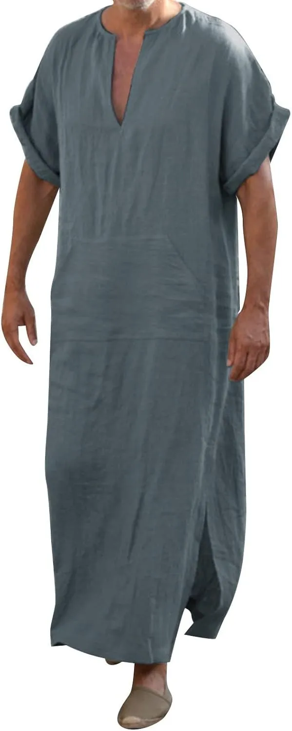 Alalaso Men's Muslim Kaftan Clothes Saudi Arabic Middle East Islamic Long Gown Dress Breathable Clothing Ramadan Jubbah