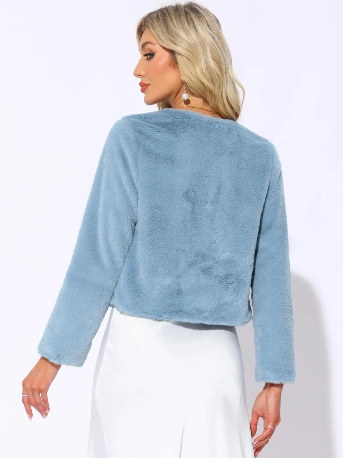Allegra K Cropped Jacket for Women's Faux Fur with Pockets Long Sleeve Open Front Wedding Bolero Gowns Coat