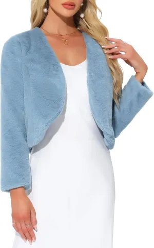 Allegra K Cropped Jacket for Women's Faux Fur with Pockets Long Sleeve Open Front Wedding Bolero Gowns Coat