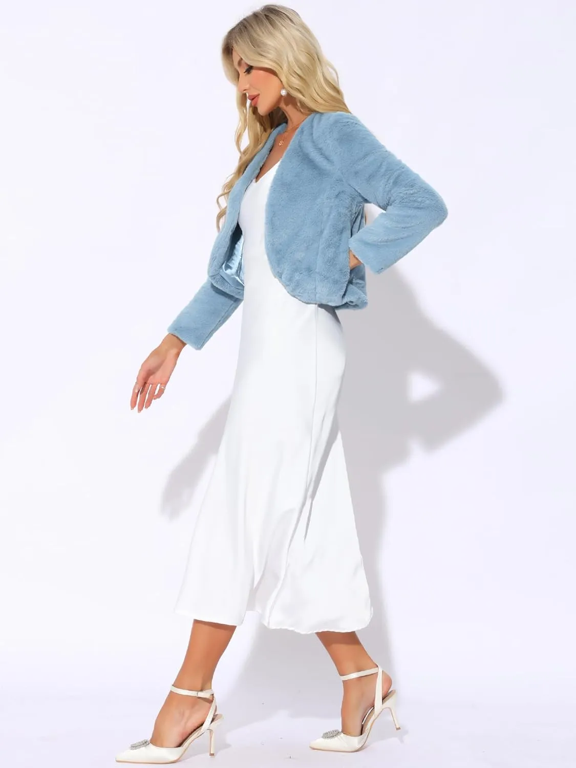 Allegra K Cropped Jacket for Women's Faux Fur with Pockets Long Sleeve Open Front Wedding Bolero Gowns Coat