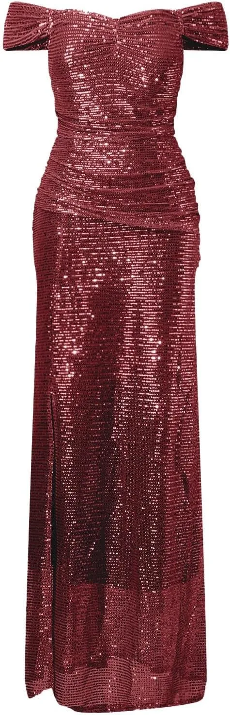 Aniywn Sparkly Sequin Prom Dresses for Women 2025 Long Bodycon Off Shoulder Formal Evening Party Gown with Slit Formal Gown
