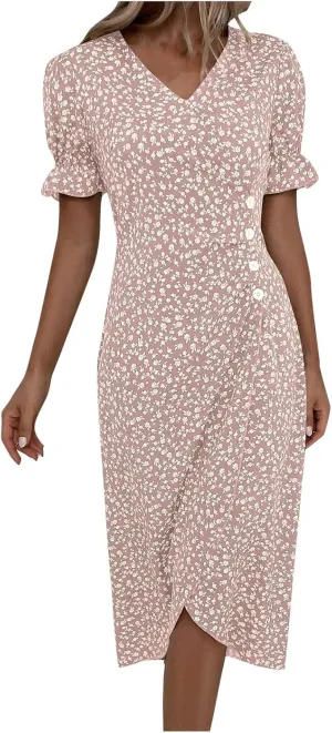 Beach Dresses for Women,2025 Summer Trendy Elegant V Neck Floral Boho Dress,Flowy Ruched Hawaiian Maxi Dress