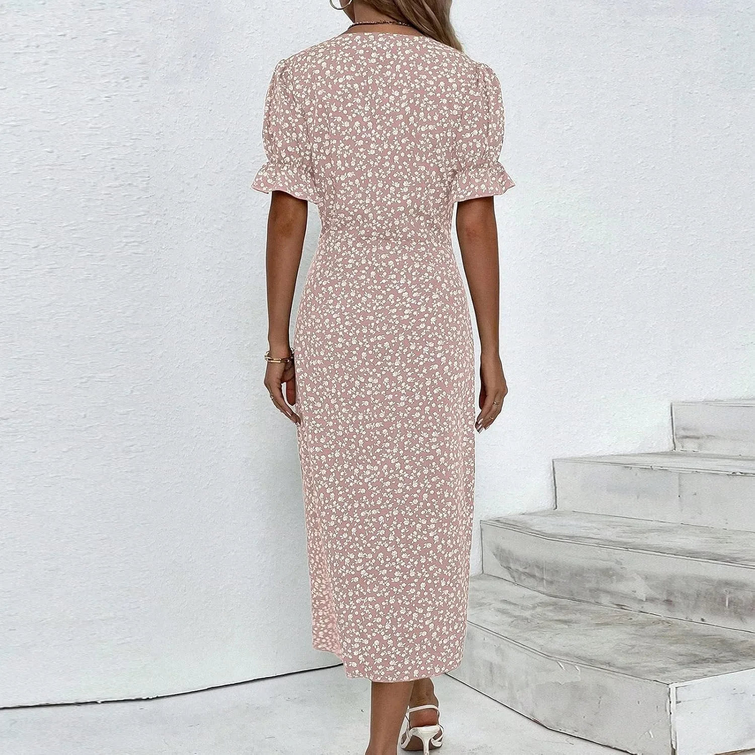 Beach Dresses for Women,2025 Summer Trendy Elegant V Neck Floral Boho Dress,Flowy Ruched Hawaiian Maxi Dress