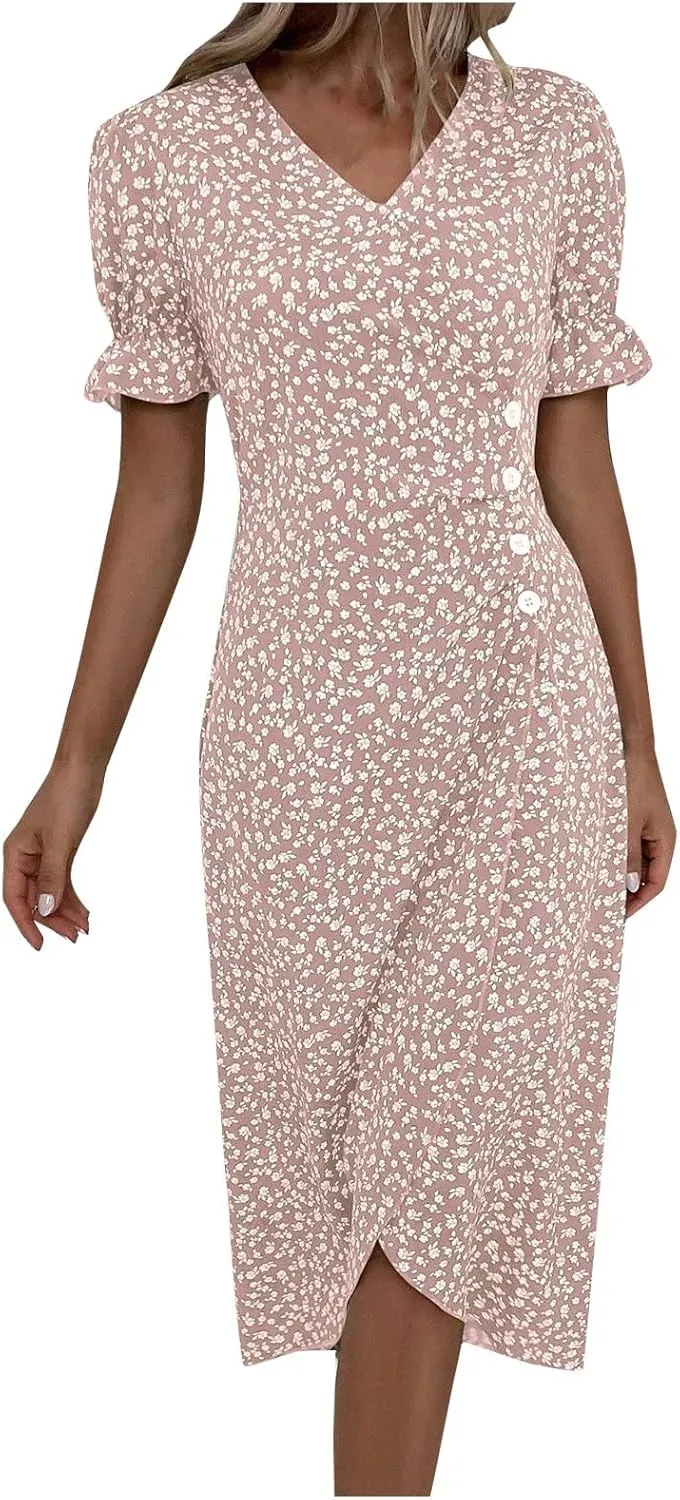 Beach Dresses for Women,2025 Summer Trendy Elegant V Neck Floral Boho Dress,Flowy Ruched Hawaiian Maxi Dress