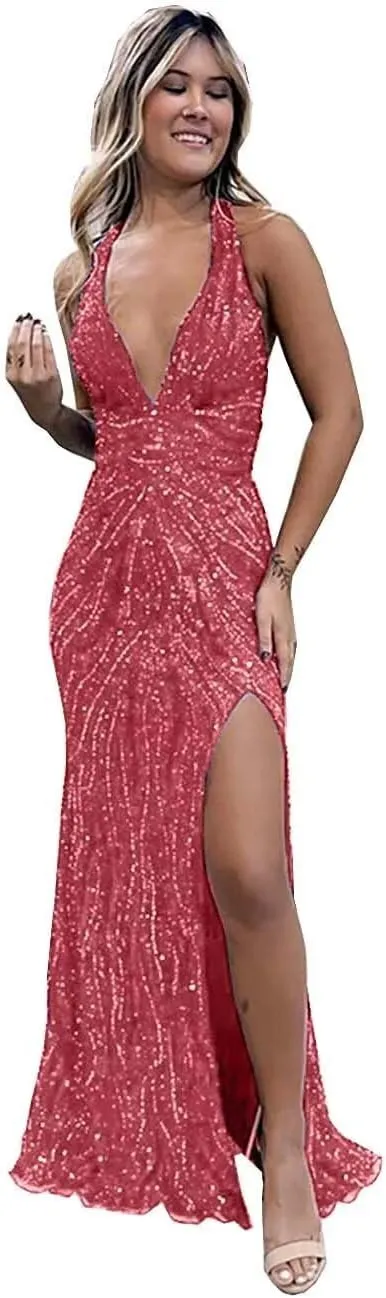 Beaded Evening Gown Deep V-Neck Mermaid Prom Dresses High Split Halter Formal Dress Sleeveless Bodycon Trumpet JS0011