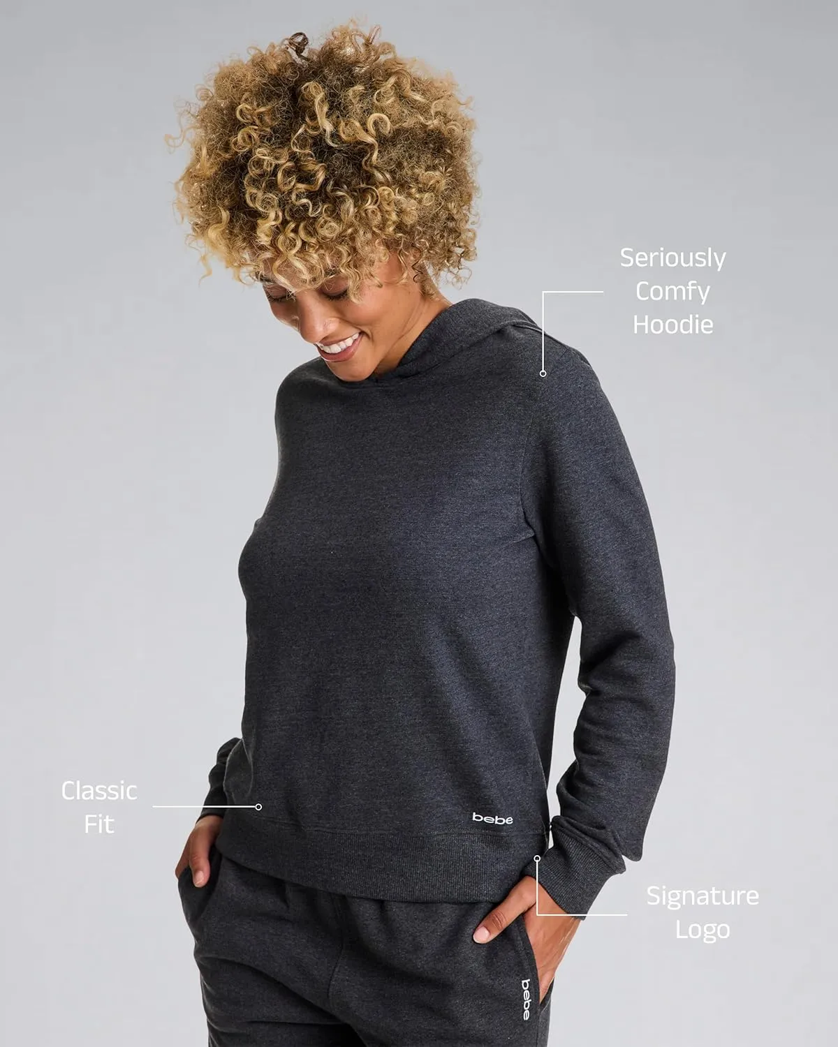 bebe French Terry Hoodies for Women, Pullover Sweatshirts for Women, Comfy and Cute Sweatshirt, Regular and Plus Size
