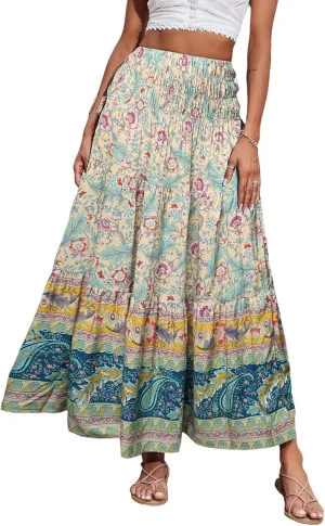 Boho Maxi Skirt for Women Summer Flowy Elastic High Waist Floral Print Skirts Fashion Tunic Color Block Beach Skirts