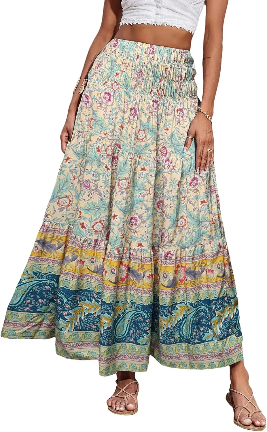 Boho Maxi Skirt for Women Summer Flowy Elastic High Waist Floral Print Skirts Fashion Tunic Color Block Beach Skirts