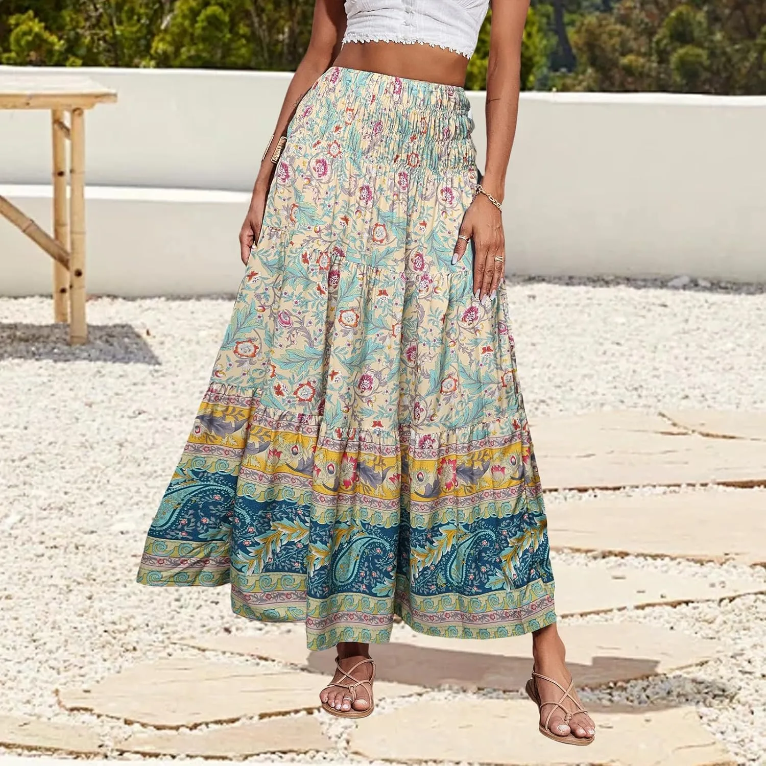 Boho Maxi Skirt for Women Summer Flowy Elastic High Waist Floral Print Skirts Fashion Tunic Color Block Beach Skirts