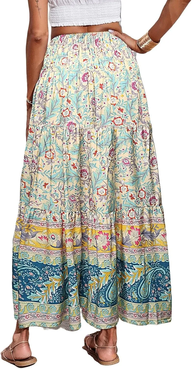 Boho Maxi Skirt for Women Summer Flowy Elastic High Waist Floral Print Skirts Fashion Tunic Color Block Beach Skirts