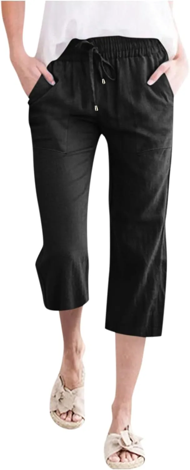 Capris Pants for Women Casual Summer Linen Lounge Palazzo Drawstring High Waisted Wide Leg Cropped Trousers