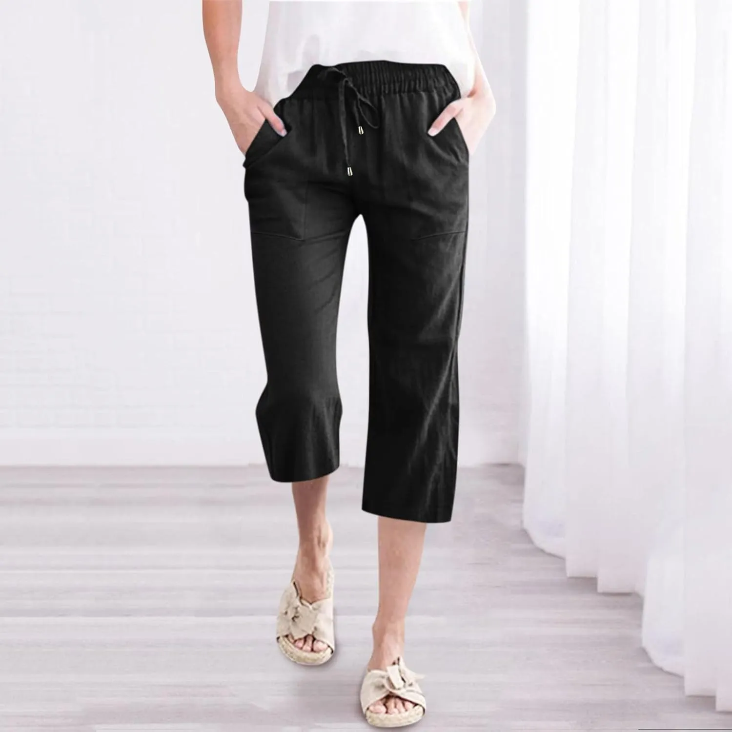 Capris Pants for Women Casual Summer Linen Lounge Palazzo Drawstring High Waisted Wide Leg Cropped Trousers