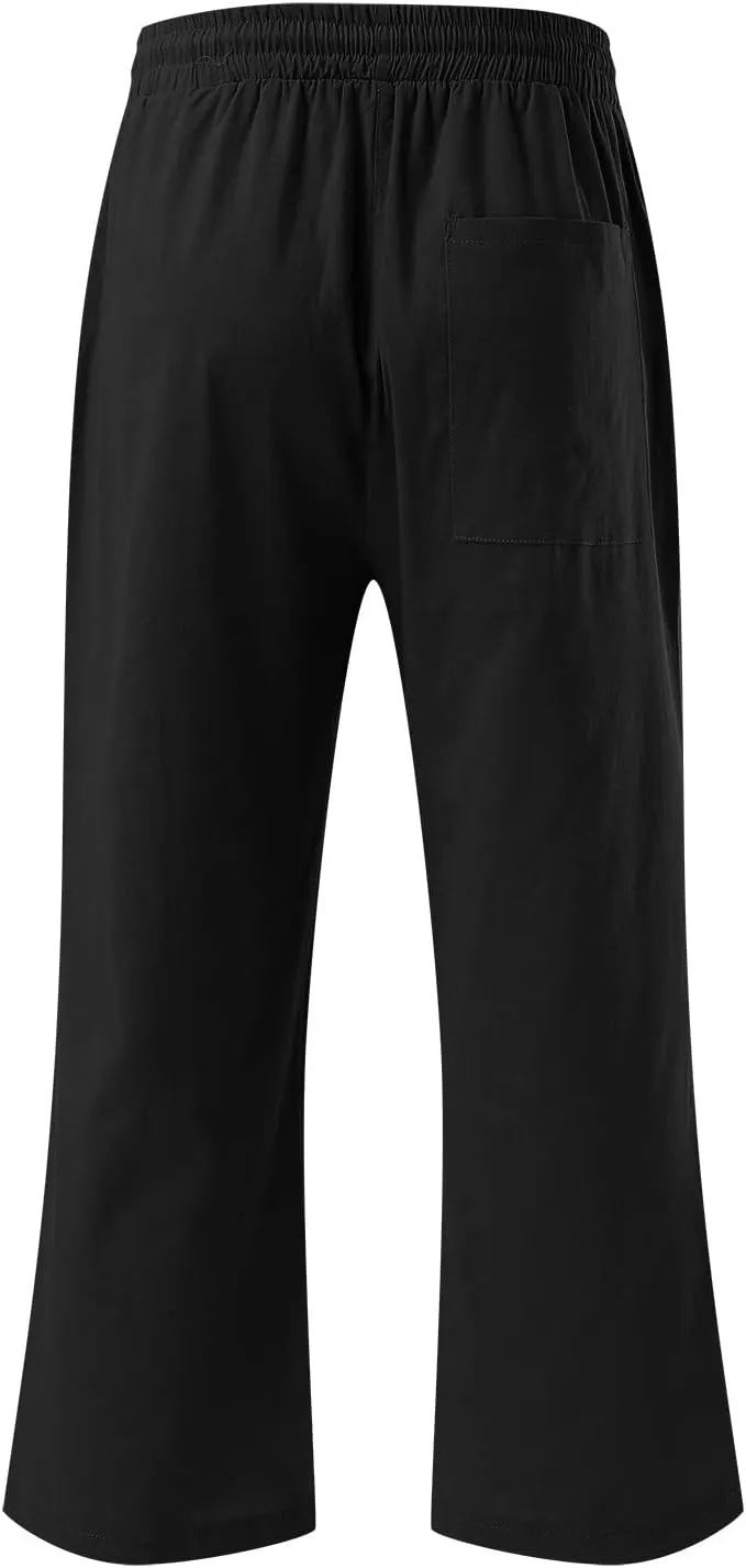 Capris Pants for Women Casual Summer Linen Lounge Palazzo Drawstring High Waisted Wide Leg Cropped Trousers