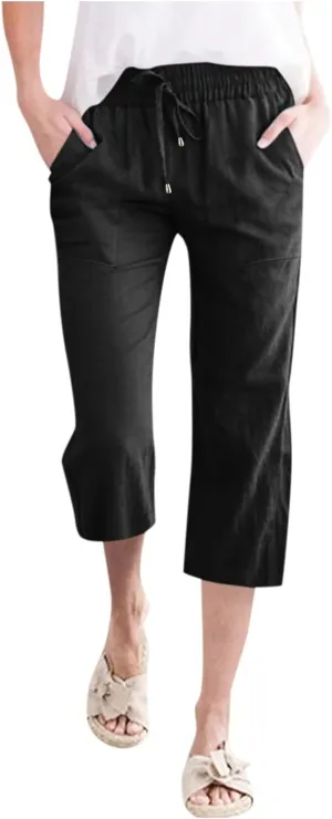 Capris Pants for Women Casual Summer Linen Lounge Palazzo Drawstring High Waisted Wide Leg Cropped Trousers