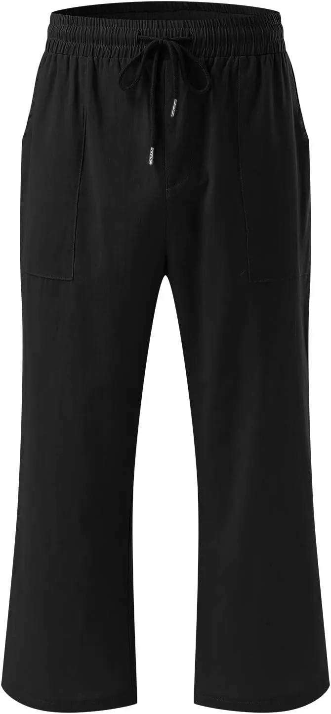 Capris Pants for Women Casual Summer Linen Lounge Palazzo Drawstring High Waisted Wide Leg Cropped Trousers