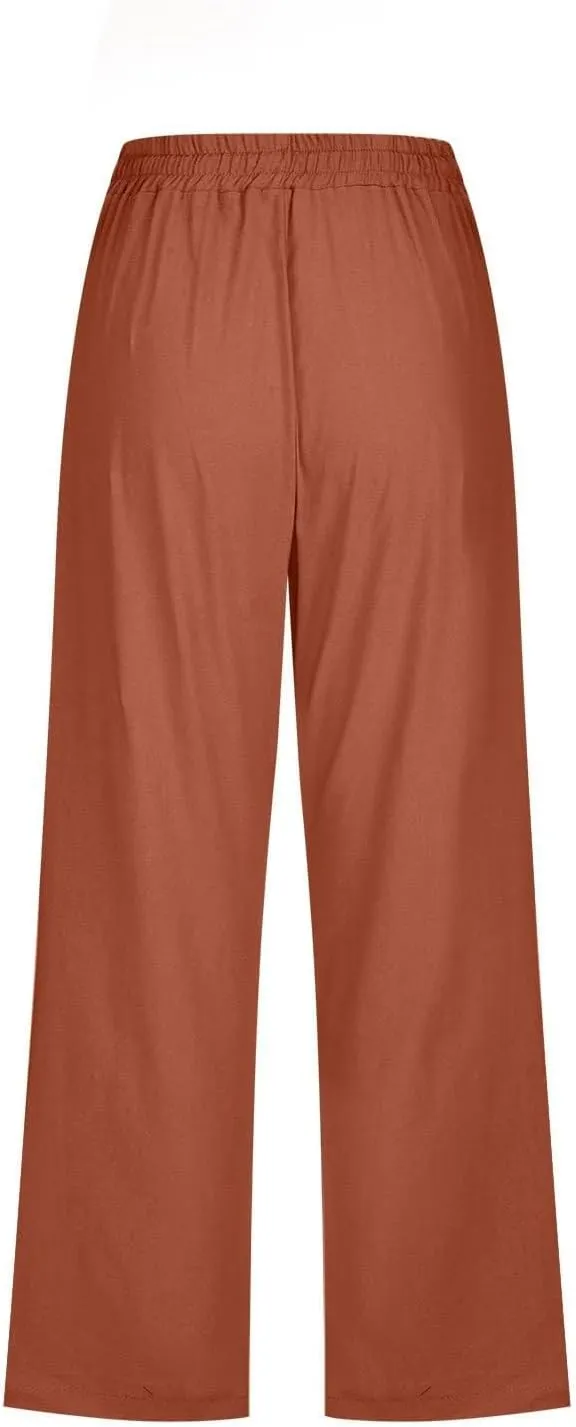 Capris Pants for Women Cotton Linen Casual Summer Straight Wide Leg Loose Drawstring Elastic Waist Cropped Trouser