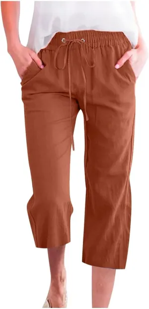 Capris Pants for Women Cotton Linen Casual Summer Straight Wide Leg Loose Drawstring Elastic Waist Cropped Trouser