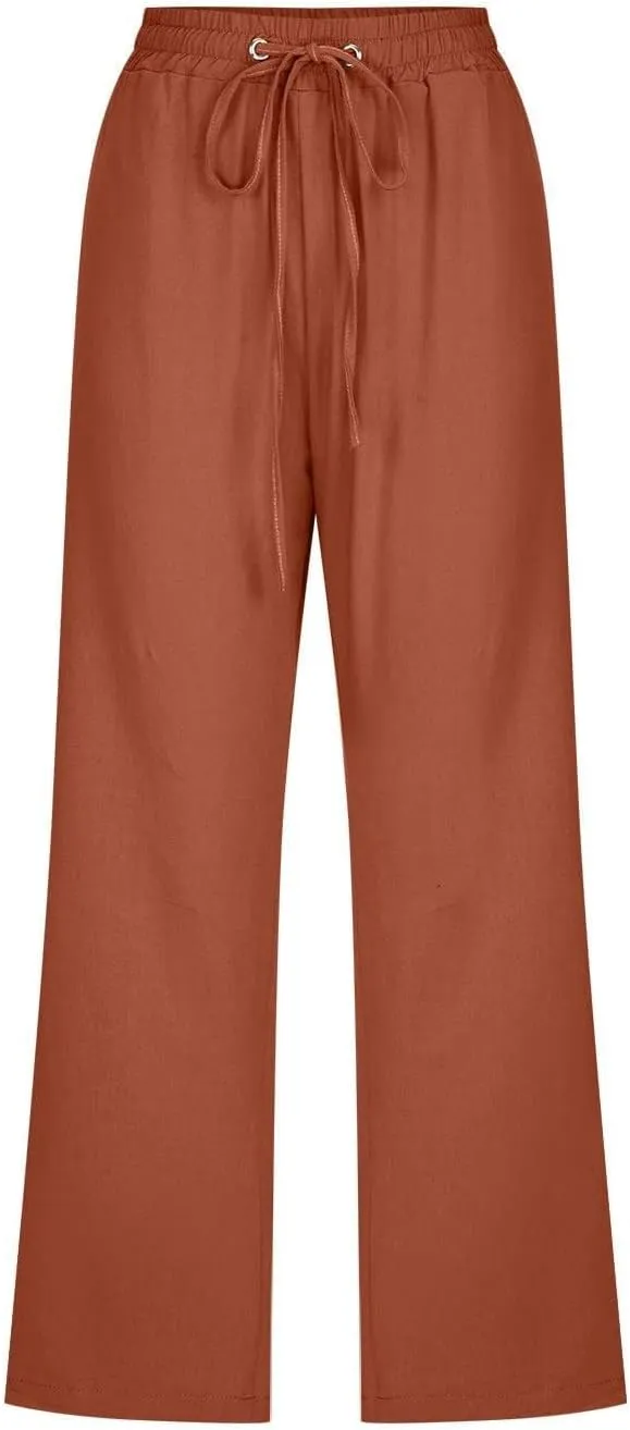 Capris Pants for Women Cotton Linen Casual Summer Straight Wide Leg Loose Drawstring Elastic Waist Cropped Trouser