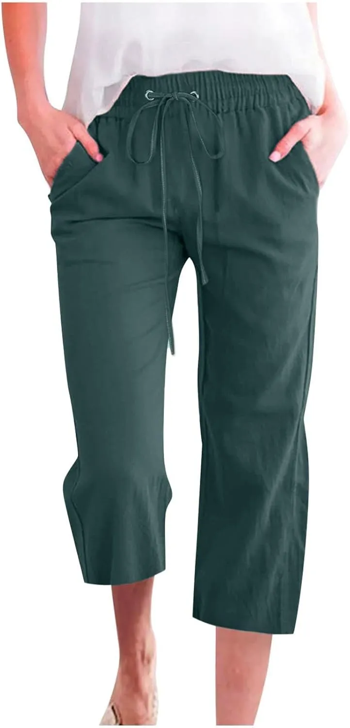Capris Pants for Women Linen Casual Summer 2025 Drawstring Elastic Waist Comfy Cropped Trousers with Pockets