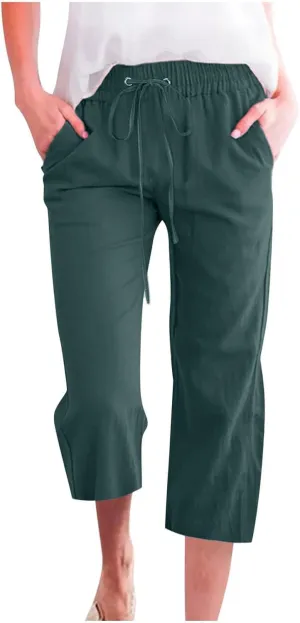Capris Pants for Women Linen Casual Summer 2025 Drawstring Elastic Waist Comfy Cropped Trousers with Pockets