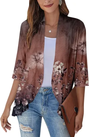 Cardigans for Women 2025 Retro Print Lightweight Cardigans Casual Duster Jackets 3/4 Sleeve Blouse Tops Coat