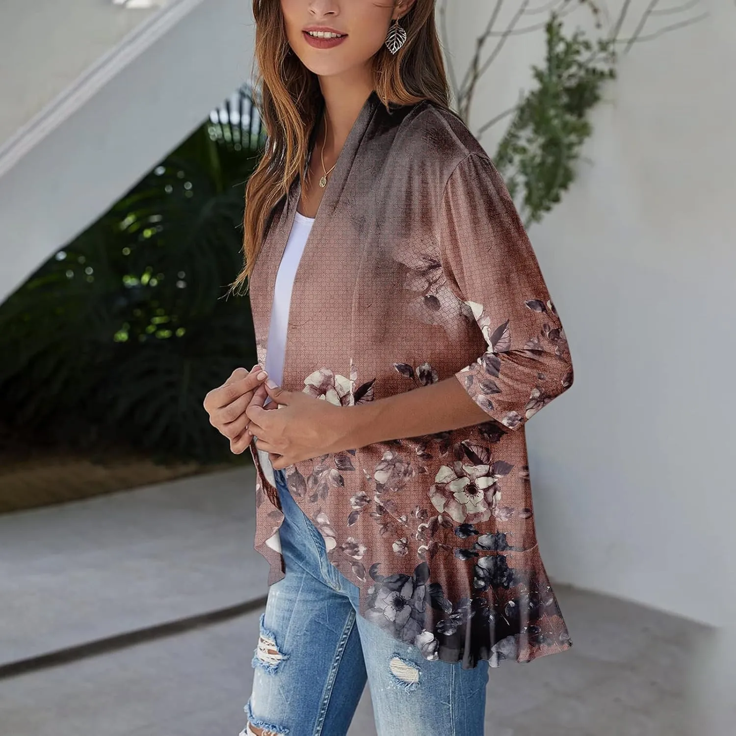 Cardigans for Women 2025 Retro Print Lightweight Cardigans Casual Duster Jackets 3/4 Sleeve Blouse Tops Coat