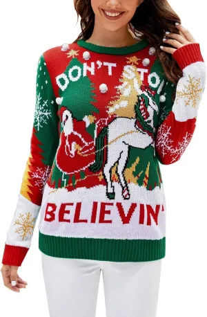 Christmas Sweater for Women 2023 Santa Claus Cute Pattern Jacquard Knit Sweatshirts Long Sleeve Pullover Tops