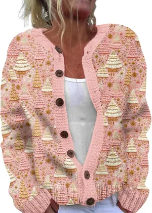 Christmas Sweaters for Women 2024 Ugly Funny Xmas Print Button Up Cardigans Fall Winter Long Sleeves Knit Tops Jackets