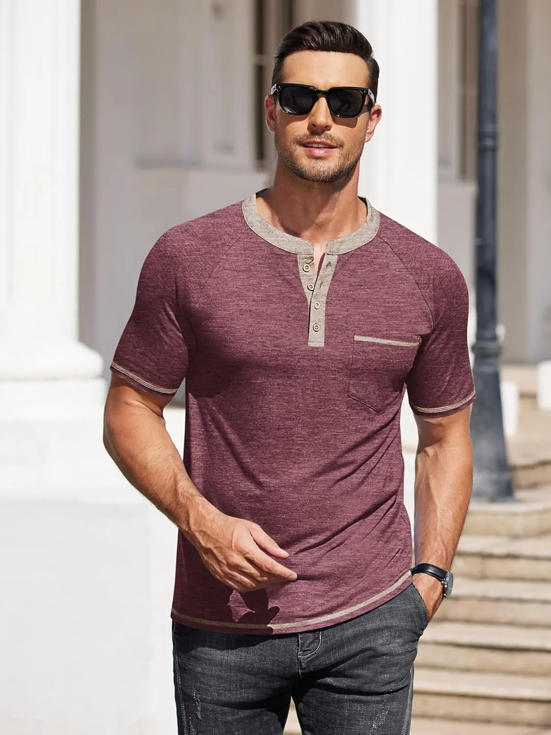 COOFANDY Mens Henley Shirts Short Sleeve Casual Button T-Shirts Basic Tee Shirts Summer Vintage T Shirts with Pocket