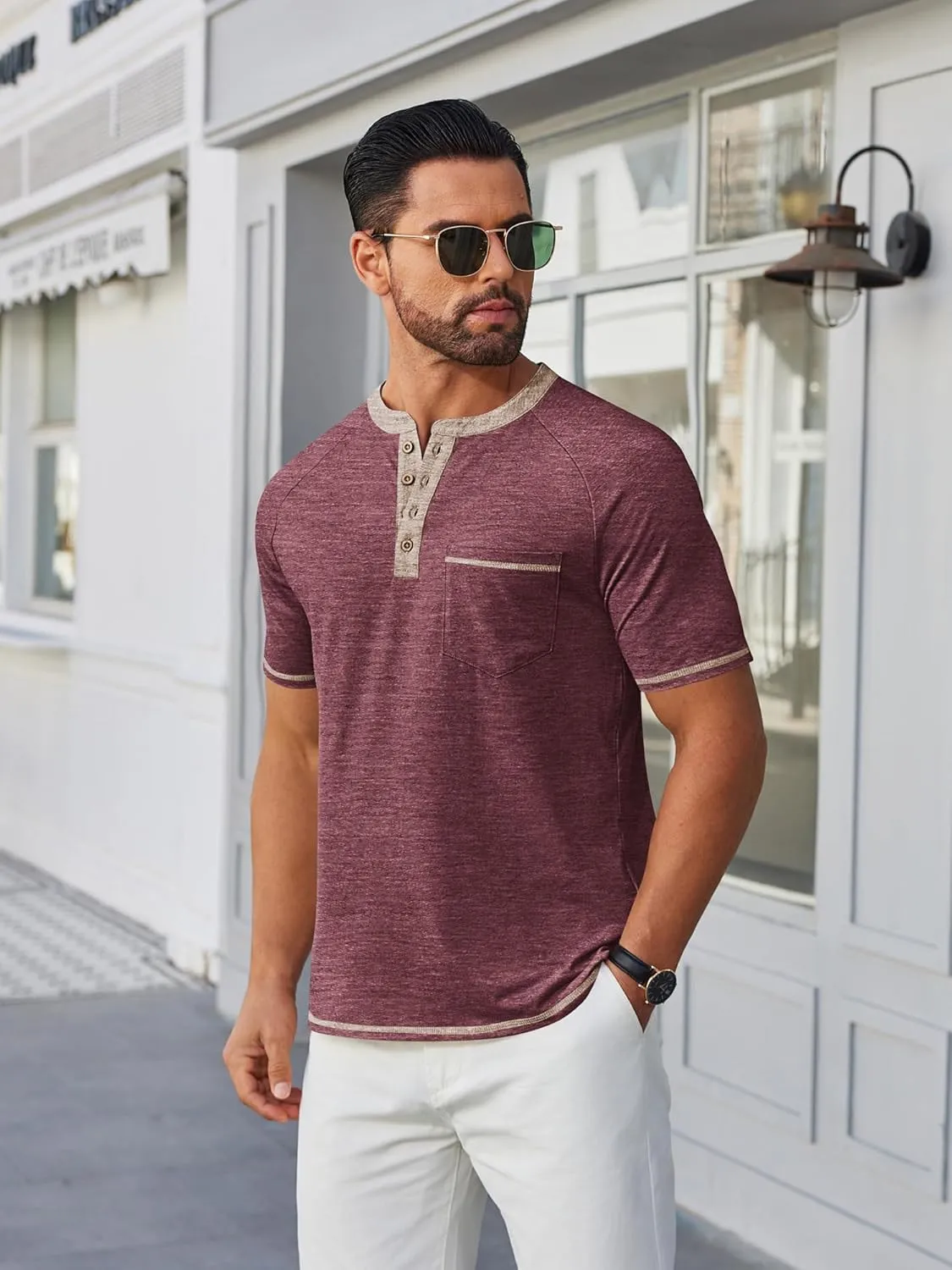 COOFANDY Mens Henley Shirts Short Sleeve Casual Button T-Shirts Basic Tee Shirts Summer Vintage T Shirts with Pocket