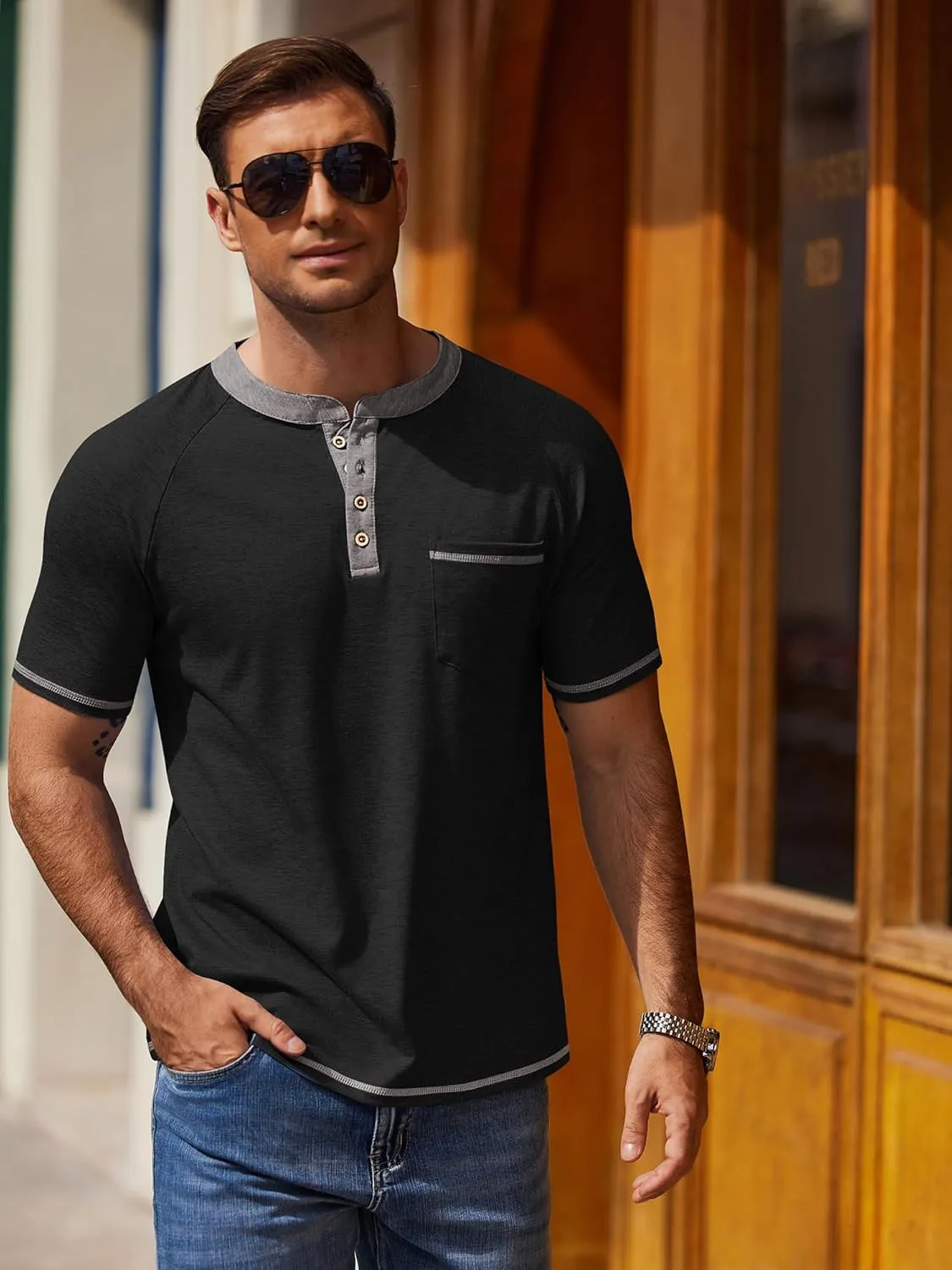 COOFANDY Mens Henley Shirts Short Sleeve Casual Button T-Shirts Basic Tee Shirts Summer Vintage T Shirts with Pocket