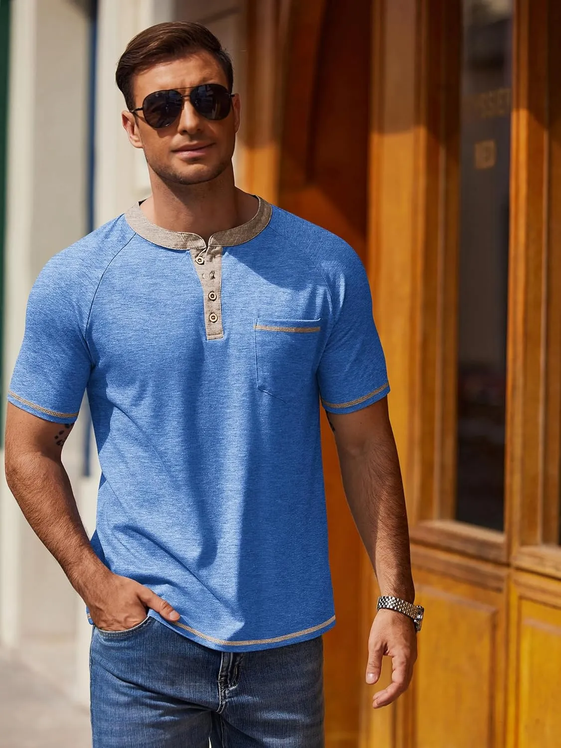 COOFANDY Mens Henley Shirts Short Sleeve Casual Button T-Shirts Basic Tee Shirts Summer Vintage T Shirts with Pocket