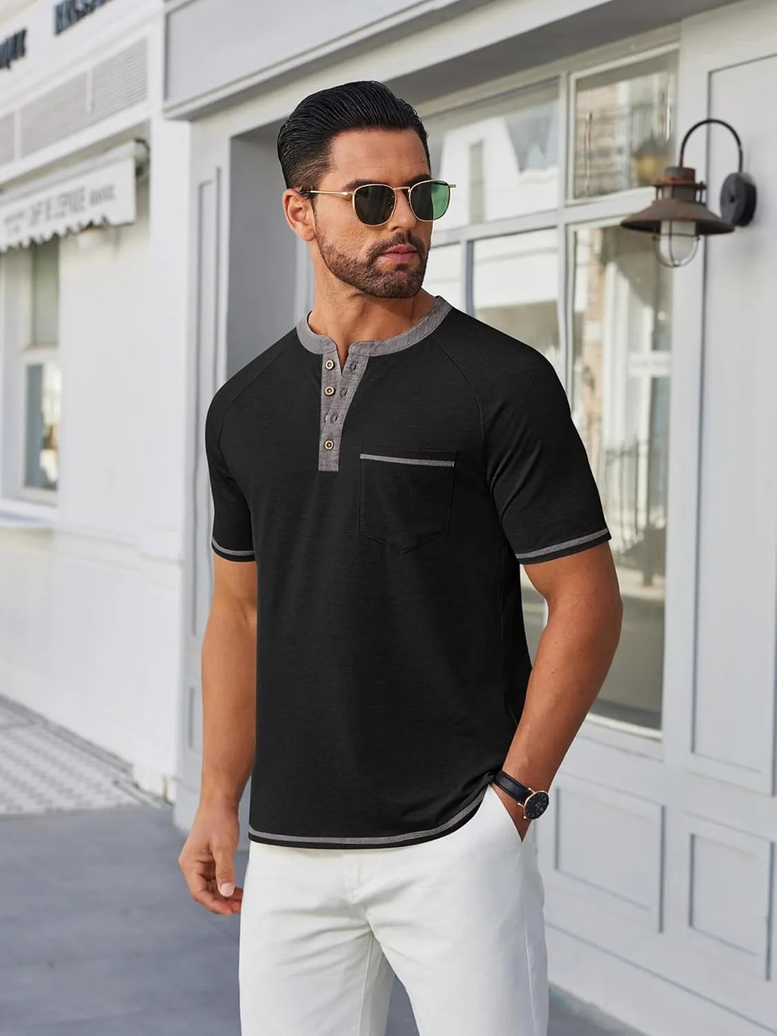 COOFANDY Mens Henley Shirts Short Sleeve Casual Button T-Shirts Basic Tee Shirts Summer Vintage T Shirts with Pocket