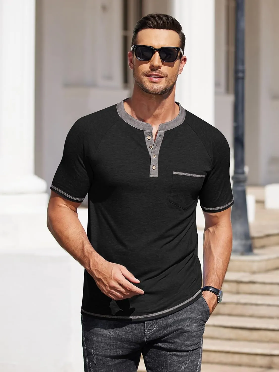 COOFANDY Mens Henley Shirts Short Sleeve Casual Button T-Shirts Basic Tee Shirts Summer Vintage T Shirts with Pocket